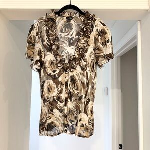 Vintage Y2K Office East 5th Brown Floral Ruffle Collar Button Down Blouse XL